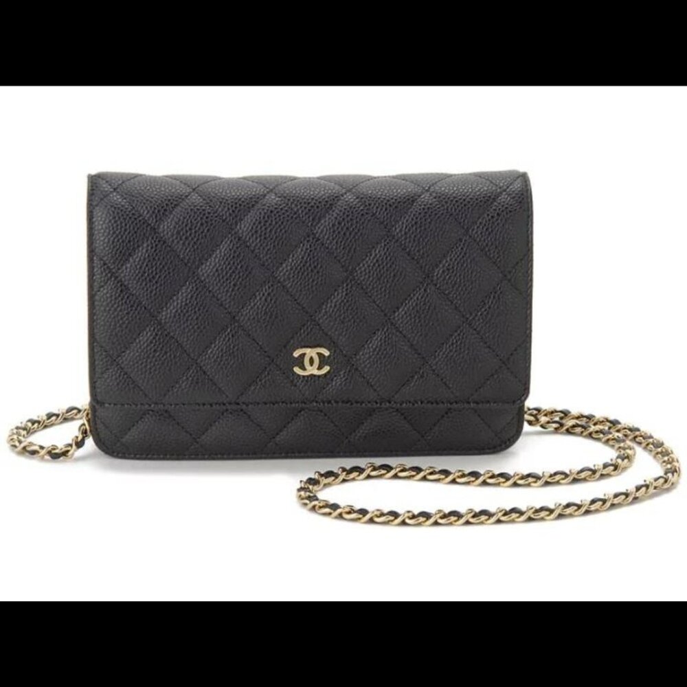 CHANEL Caviar Quilted Wallet On Chain WOC in Black/Gold